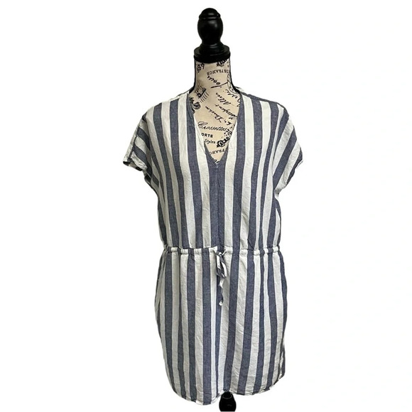 Rails Wren Vertical Stripe Dress L Blue White Mini Summer Linen Blend Sporty - Picture 2 of 12